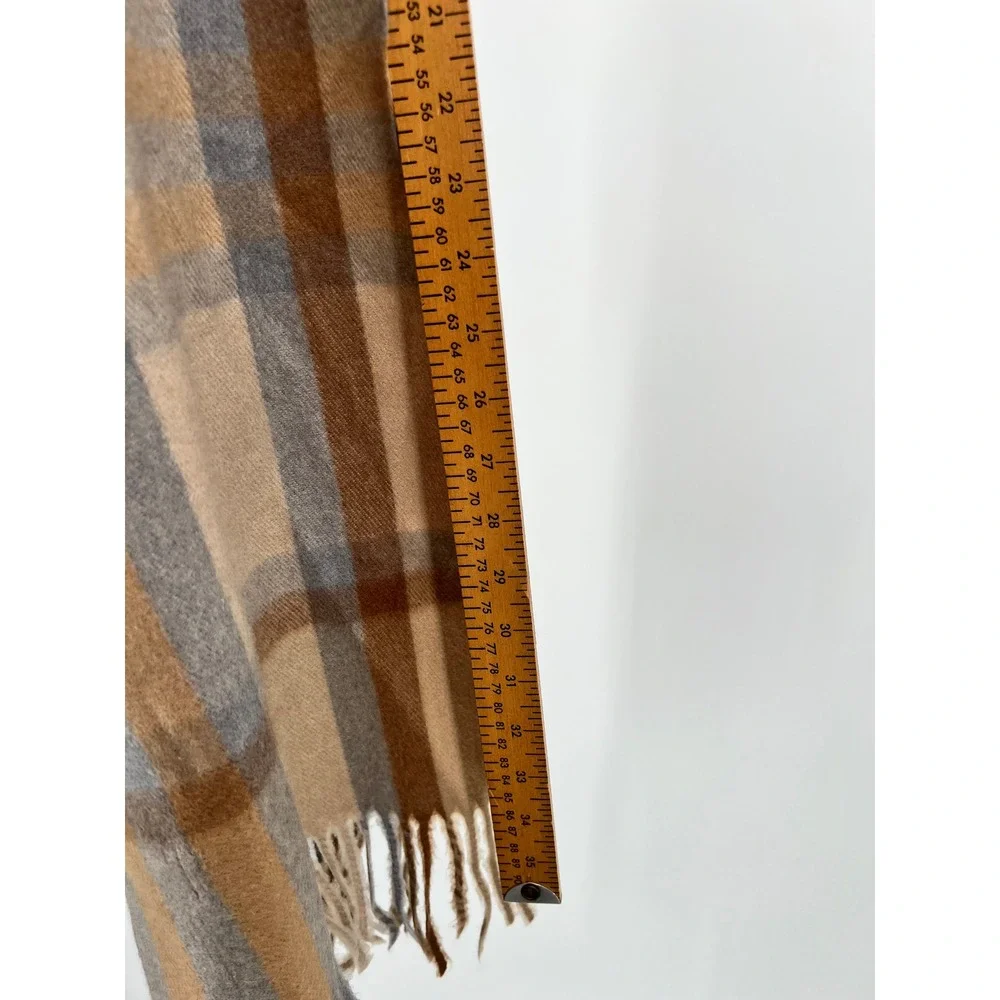 House of Tweed Scotland Plaid Scarf Tan Brown Grey Fringed Viscose Blend